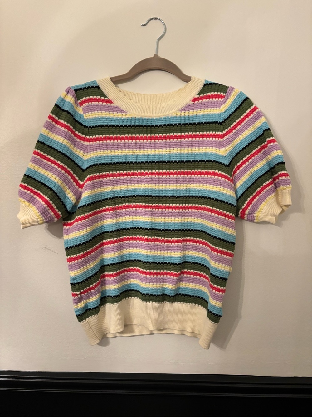 Cream Multicolor Striped Short-Sleeve Knit Sweater - S